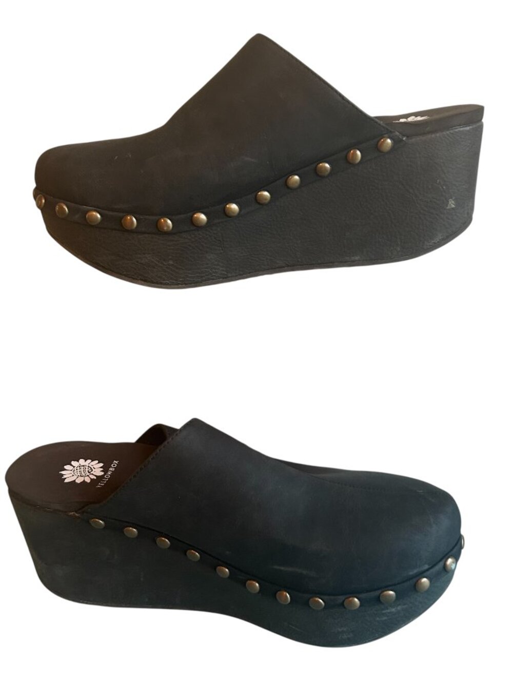 Yellow Box Baldwyn Clogs Mules Wedges Black Suede Gold Studs Size 9 Platform